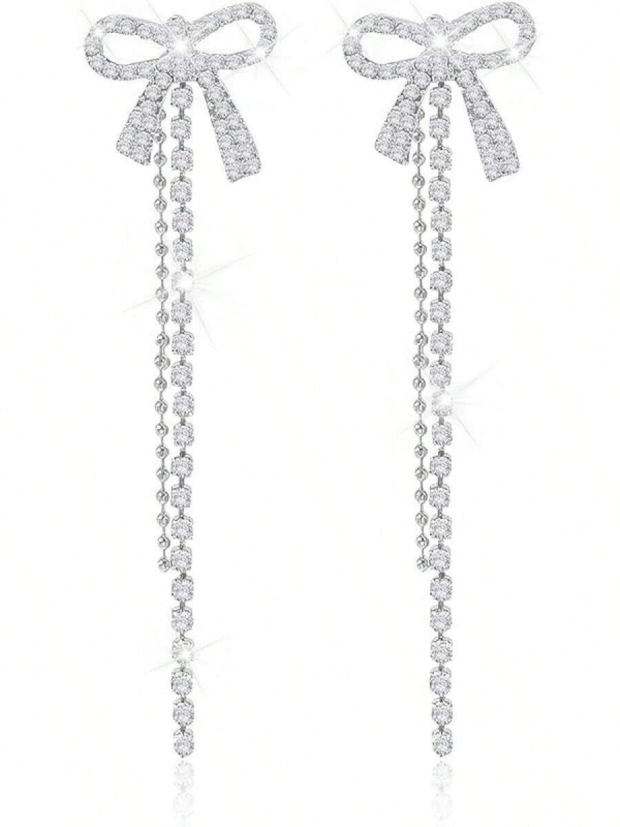Bow Earrings For Women Sparkly Rhinestone Chain Tassel Earrings Cute Ribbon Stud Earring Daily Party Jewerly Gifts Christmas Stocking Stuffers - B1: Silver Bow Earrings - View 1