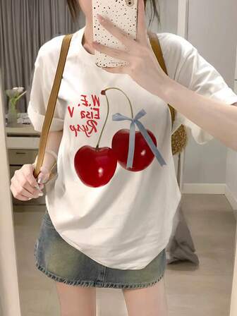 女款小码日式短袖樱桃印花T恤