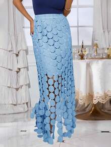 Womens High Waisted Hollow Out Maxi Skirts Fringe Hem Long Fit Skirt Summer Wear - 淺藍色 - 查看 1
