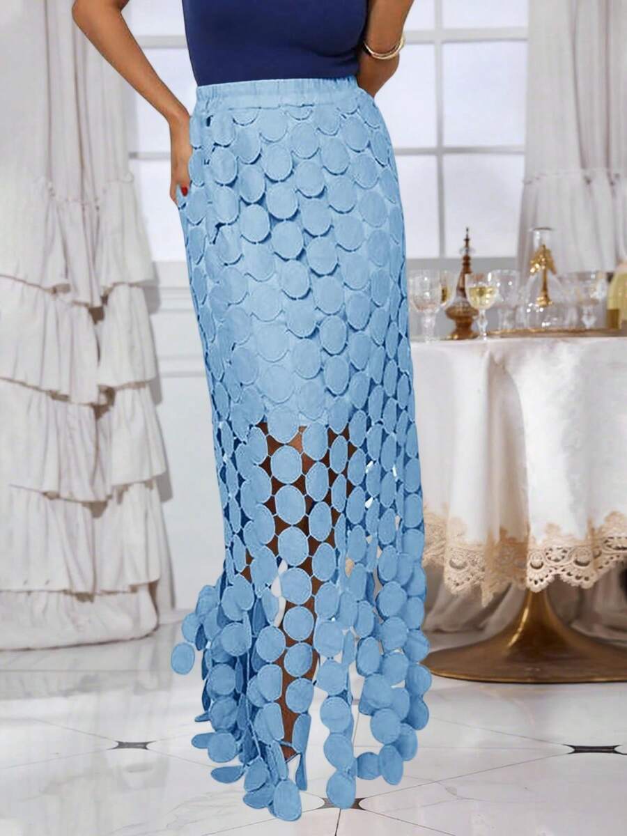 Womens High Waisted Hollow Out Maxi Skirts Fringe Hem Long Fit Skirt Summer Wear - 淺藍色 - 查看 1