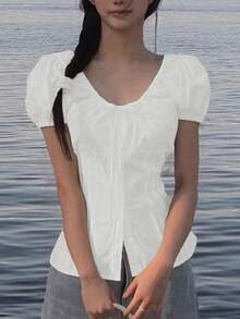 2025春秋短袖系带纽扣衬衫 - 白色 - 查看 5