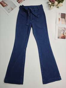 女士纯色松紧腰喇叭牛仔裤，秋冬休闲装 - 深色水洗藍 - 查看 8