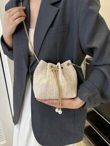 2025 Woven Chain Strap One Shoulder Diagonal Crossbody Bucket Bag - Beige - View 2