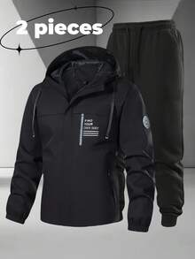 2 Stücke Set Jacke mit Kapuze für Frühling und Herbst, Lässig Jacke + Jogginghose mit Gummibund, modischer Herrenanzug, geeignet für Outdoor-Sport, Joggen, Wandern, Reisen - Schwarz - Übersicht 1