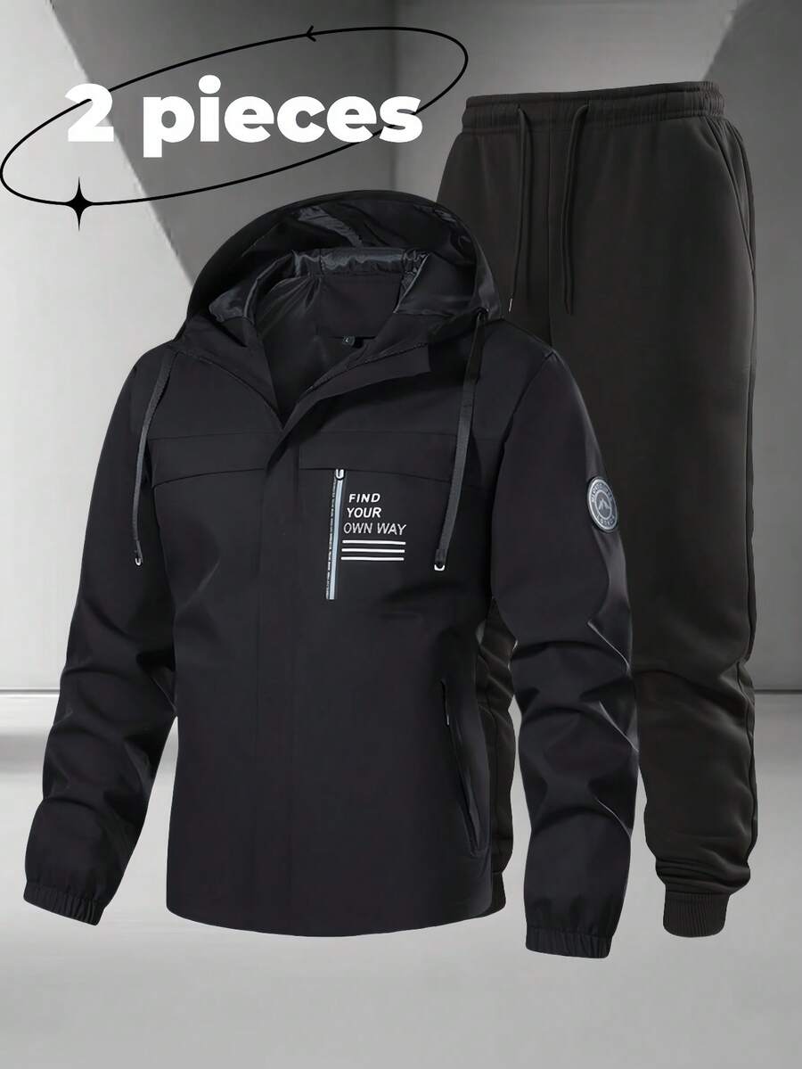 2 Stücke Set Jacke mit Kapuze für Frühling und Herbst, Lässig Jacke + Jogginghose mit Gummibund, modischer Herrenanzug, geeignet für Outdoor-Sport, Joggen, Wandern, Reisen - Schwarz - Übersicht 1