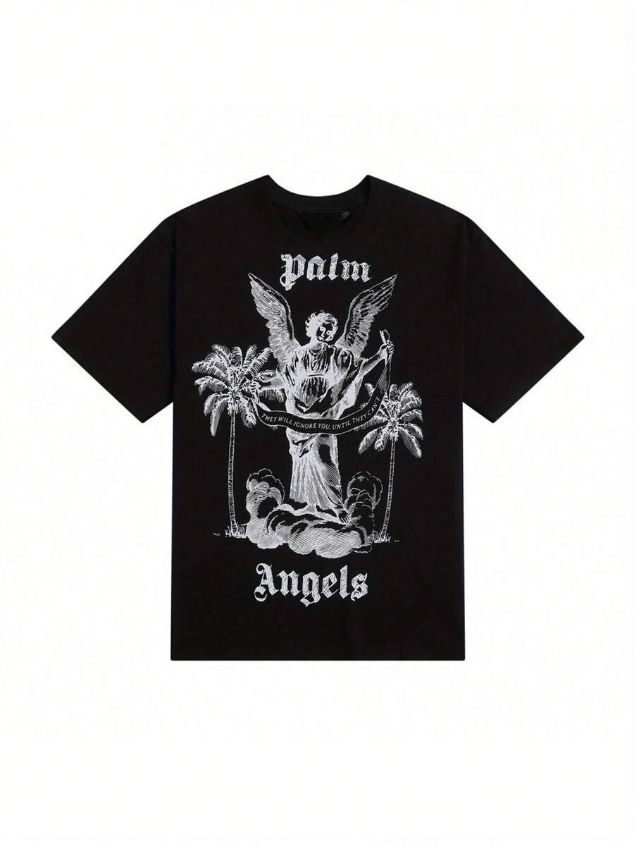 2025 Angel Graphic T-Shirt For Men & Women - Vintage-Inspired Loose Fit Short Sleeve Tee With Palm Tree & "Angels" Design, Black, Casual Wear |   Vintage Style |   Durable Cotton - 黑色 - 查看 1