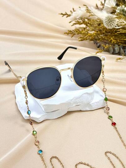 时尚链条装饰眼镜套装，女士圆形金属镜框