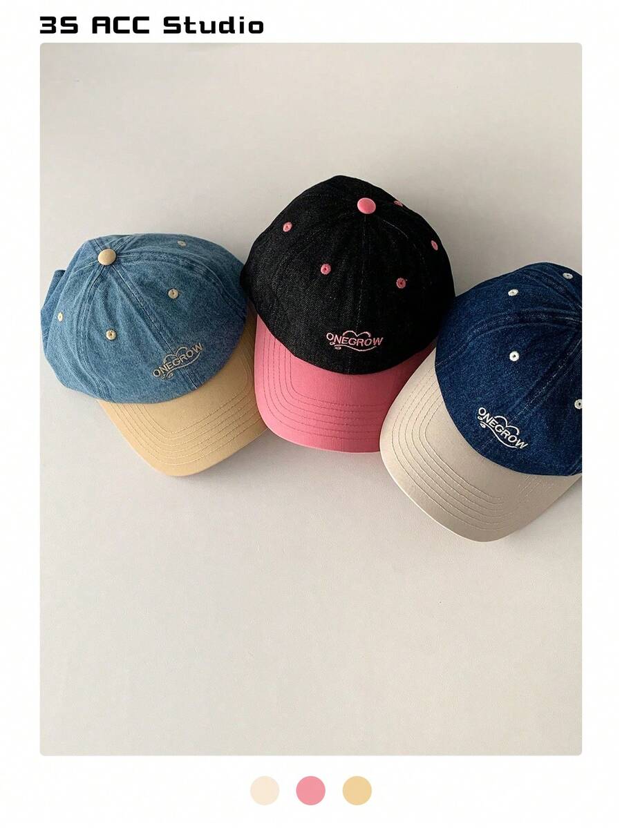 1 chiếc Mũ lưỡi trai thêu chữ phong cách Mỹ Soft Crown màu trơn, Mũ rộng vành chống nắng đa năng cho nữ, Chu vi vòng đầu lớn, Khuôn mặt nhỏ, Thời trang dạo phố, Xuân/Hè