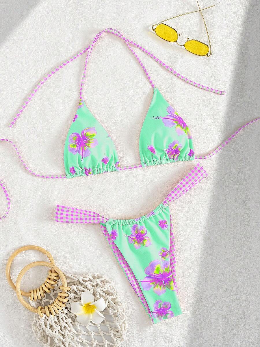 PEPPERMOLLY Women's Sexy Floral Print Halter Neck 2 Pieces Bikini Set, Summer Beach - Green - View 1
