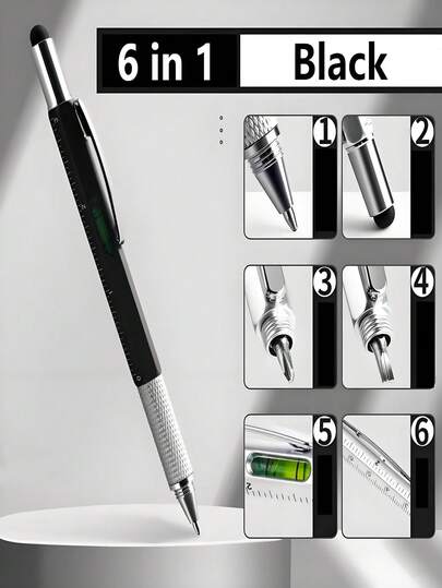 6-In-1 Multi-Functional Tool Pen – Ballpoint Pen, Ruler, Level, Touchscreen Stylus, Flat & Screwdriver For School, Office, DIY, Gifts