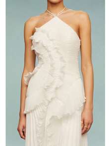 Y2k Ruffle Long Dress For Women Halter Backless Irregular Hem Ruched Boho Maxi Dress - Trắng ngà - Xem 3