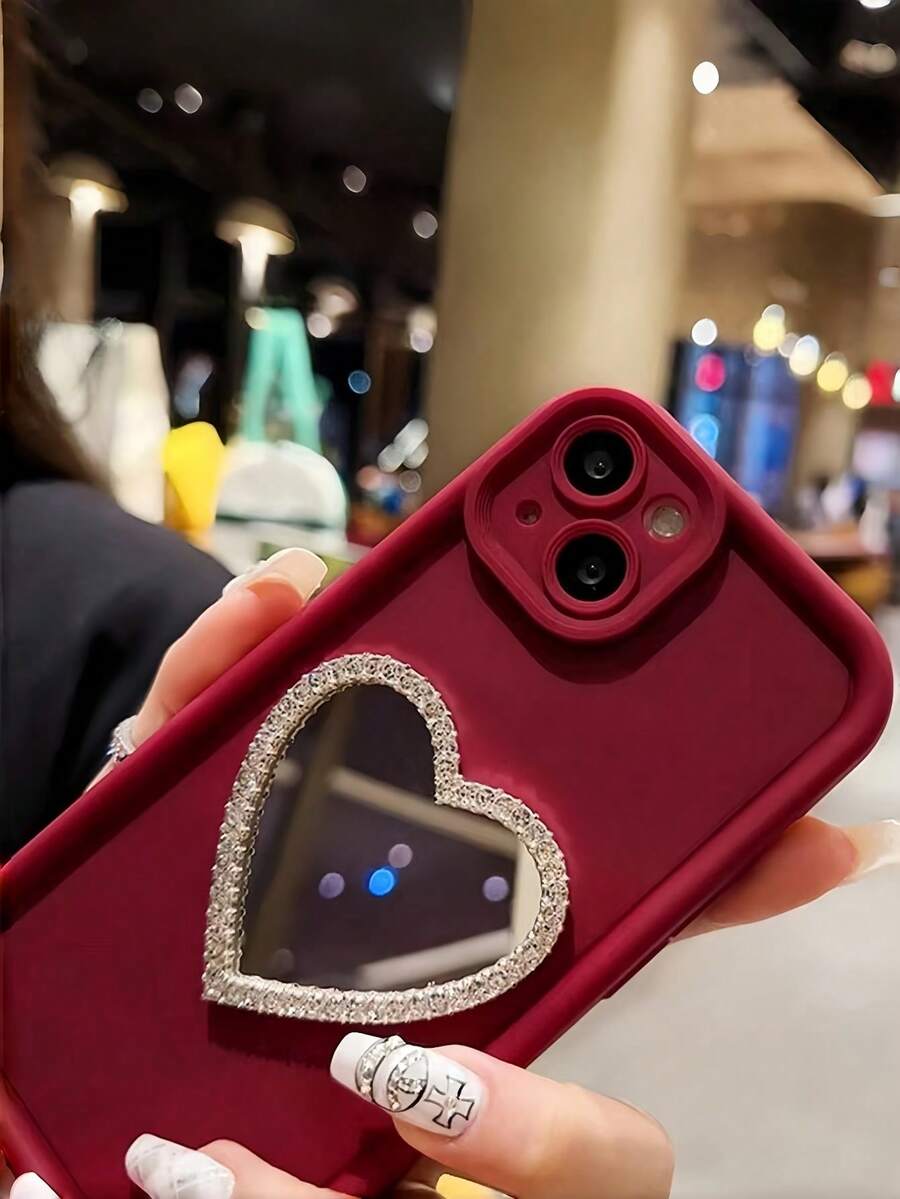 1个透明阶梯水钻砂手机壳，带心形镜子，时尚简约风格，男女皆宜，节日礼物，兼容 13、OPPO、荣耀、三星Galaxy、 11等，国际版，非国内版