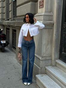 Jeans casuales de moda para mujer con bolsillos, botones y abertura lateral en la pierna ancha - Azul - Ver 4