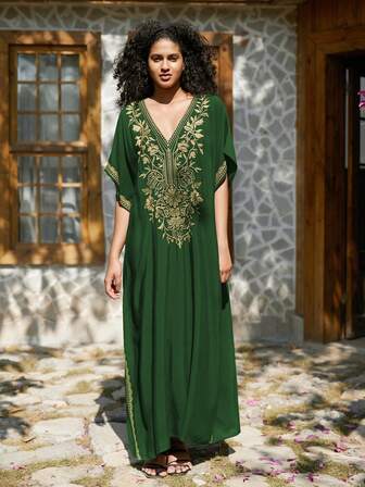 Green Embroidered Women's Dubai Abaya Short Sleeve Casual Dresses