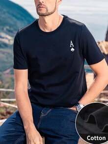 Camiseta hombre negra verano moda estampado "As de picas" gráfico de póker casual cuello redondo manga corta 220g algodón puro pesado gruesa y cómoda - Negro - Ver 1
