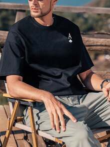 Camiseta hombre negra verano moda estampado "As de picas" gráfico de póker casual cuello redondo manga corta 220g algodón puro pesado gruesa y cómoda - Negro - Ver 3