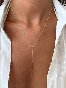 1pc Long Y-Shaped Pendant Necklace With Round Beads, Alloy Material, Suitable For Parties, Outfits, Daily Wear, Gifts (Handmade Chain Cut To Appropriate Length, Bead Quantity Adjustable)