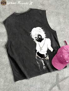 Cotton Washed Crew Neck Tank Top, Anime Character Art Print, Vintage Washed Craft, Daily Casual Outfit - màu đen - Xem 2
