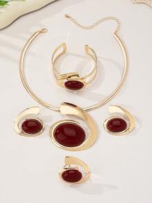 1pc/Set Vintage Elegant High-Quality Alloy Resin Inlaid Stainless Steel Women's Earrings, Ring, Bracelet, Necklace Jewelry Set, Fashionable Luxurious Golden Accessories Suitable For Women's Banquet, Party, Wedding, Holiday, Valentine's Day Gift - Elegant Style - View 16