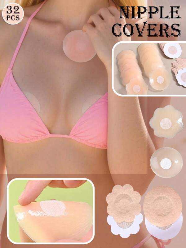 32pcs Apricot Color Nipple Covers 6cm/2.36in-6.5cm/2.55in,Strapless Invisible Self-Adhesive Breast Pasties,Suitable For Outdoor Activities, Swimming Swimsuits, Wedding Dresses, Etc.