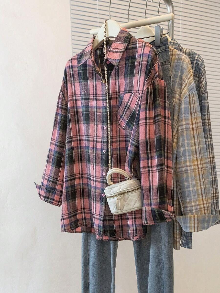 YUXIN 复古美式格子长袖衬衫女春秋装别致宽松设计小众风格