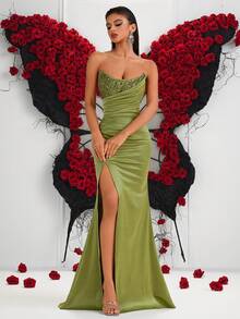 ADYCE Đầm maxi dự tiệc thanh lịch dành cho nữ, không dây vai, đính kim cương, xếp ly, cạp cao, xẻ tà, hở lưng, thắt dây, thích hợp cho dạ hội, tiệc sinh nhật, tiệc tối trang trọng, lễ hội, dự đám cưới, dạ tiệc, họp mặt gia đình và các dịp khác. - xanh quân đội - Xem 3