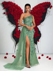 Elisanya Sequin Embroidered High Waist Long Chiffon Ribbon Backless Party Dress (Embroidery Placement Random) - Green - View 6
