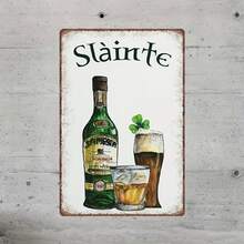 Vintage Irish Shamrock Whiskey Metal Wall Sign - Country Style Sláinte Bar Decoration, Suitable Man Cave, Bedroom, And Home - 2D Iron Art Design With Green Bottle And Glass Cup, Bedroom Decoration, Vintage Home Decor - 彩色 - 查看 1