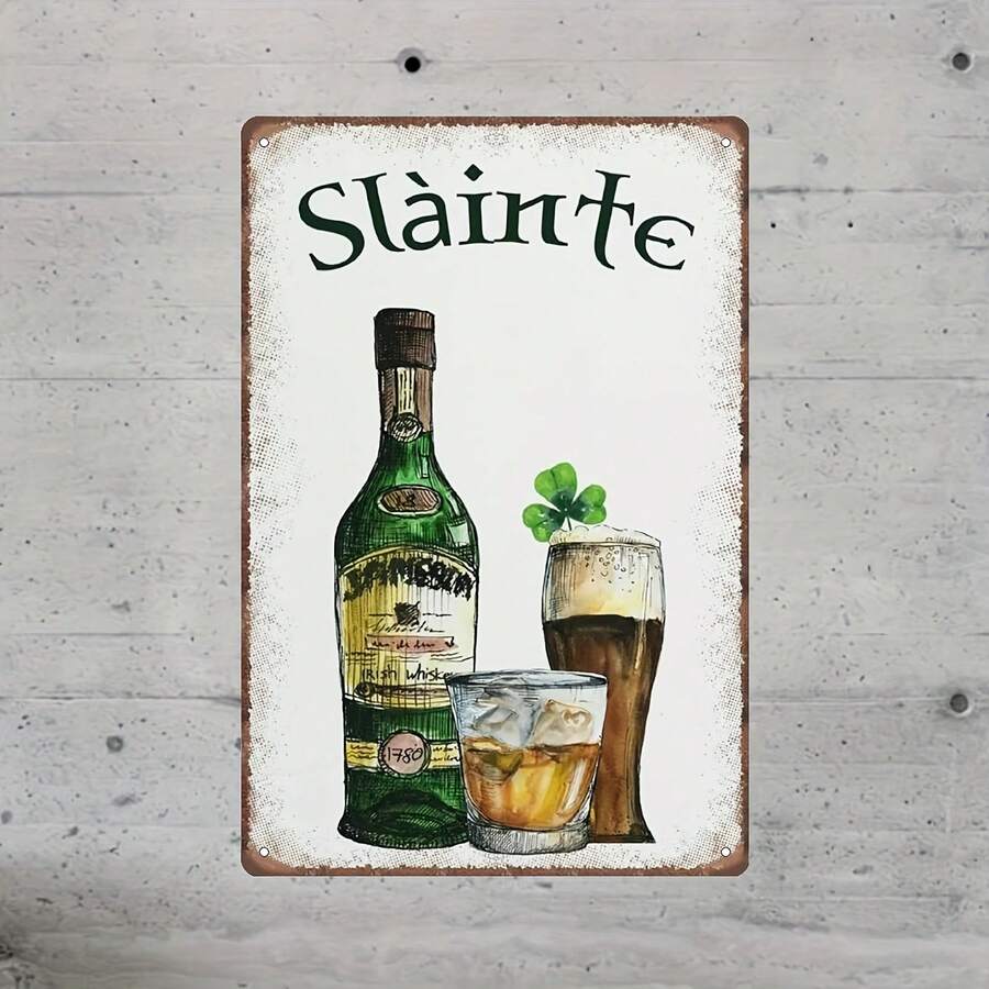 Vintage Irish Shamrock Whiskey Metal Wall Sign - Country Style Sláinte Bar Decoration, Suitable Man Cave, Bedroom, And Home - 2D Iron Art Design With Green Bottle And Glass Cup, Bedroom Decoration, Vintage Home Decor - 彩色 - 查看 1