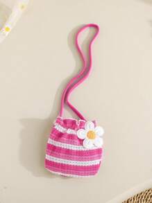 女宝宝夏季条纹无袖花卉刺绣连衣裙，甜美连衣裙配斜挎包 - 玫紅色 - 查看 6