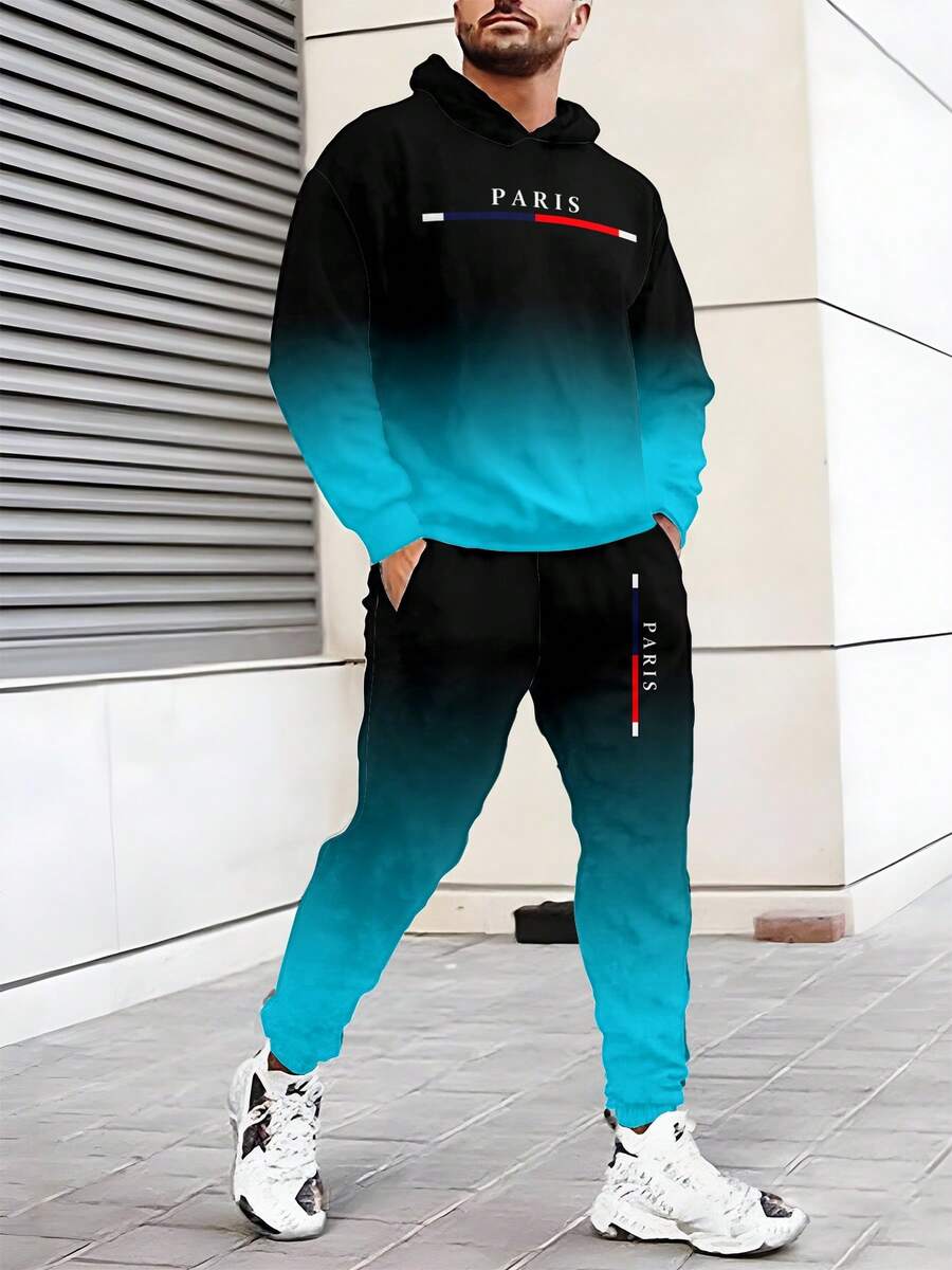 渐变黑蓝男式长袖运动衫和运动裤套装，“PARIS”字母印花休闲时尚套头运动衫，户外健身运动百搭男式连帽运动衫，秋季服装