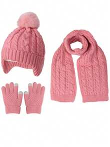 4件套儿童毛球冬季针织保暖帽、手套、围巾套装，纯色加厚保暖内衬婴儿帽，男女童针织连帽围脖套装 - 彩色 - 查看 8