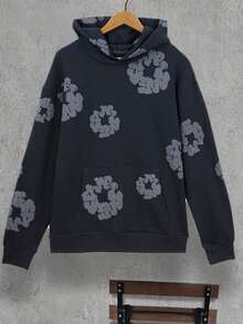 One Piece Set Denim Flower Puff Print Hoodie, Polyester Graphic Vintage Pullover Streetwear Voor Men - Màu xám đậm - Xem 4