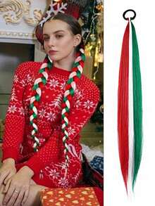 26 Inch High-Temperature Fiber Straight Hair With Elastic Tie, Holiday Red/White/Green Wrap Design, Seasonal Hair Accessory | Fashionable Hair Extensions | Glossy Hair Extensions, Rainbow Ponytail Extensions