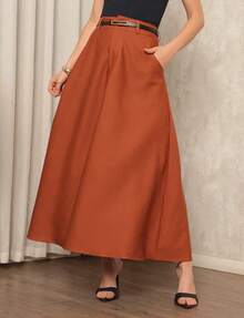 Women's Long Round Skirt Tailored Oxford Fashion Evangelical Casual Basic Winter High Waist Elegant - Màu Cam cháy - Xem 1