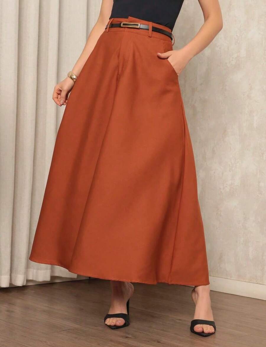 Women's Long Round Skirt Tailored Oxford Fashion Evangelical Casual Basic Winter High Waist Elegant - Màu Cam cháy - Xem 1