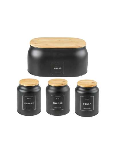 Kit Conjunto 4 Potes Latas Mantimentos Pão Açúcar Café Bolacha Cozinha Casa Tampa De Bambu Preto Ou