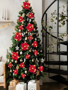 5pcs Christmas Glitter Red Flower Artificial Christmas Tree Ornaments, For Christmas Wedding Wreath Floral Decor - Multicolor - View 9