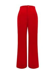 女士纯色纽扣系带直腿办公室工作裤，优雅 - 紅色 - 查看 5