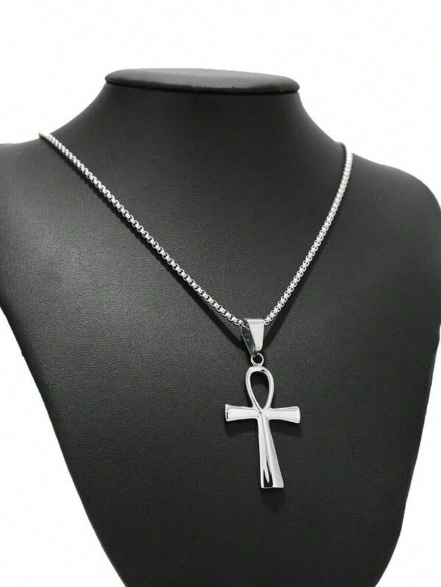Ankh Cross Necklace,Silver Ankh Cross Pendant Necklace,Stainless Steel Ancient Egyptian Jewelry,Metal Blessing Cross Egyptian Jewelry,Blessing Jewelry Gifts For Him