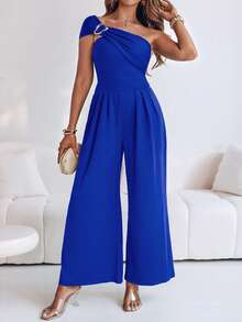 ChicMe One Shoulder Wide Leg Jumpsuit With Metal Buckle & Ruched Waist Sleeveless Party Cocktail Evening Outfit