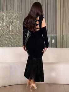 Long Sleeve Fringe Dress Women Fall Elegant Bodycon Black Maxi Dress For Club Party Evening Occasion - Black - View 2