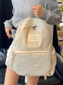 1 件纯色尼龙字母贴片女士背包，轻便大容量校园书包，简约户外休闲旅行包 - 米色 - 查看 2