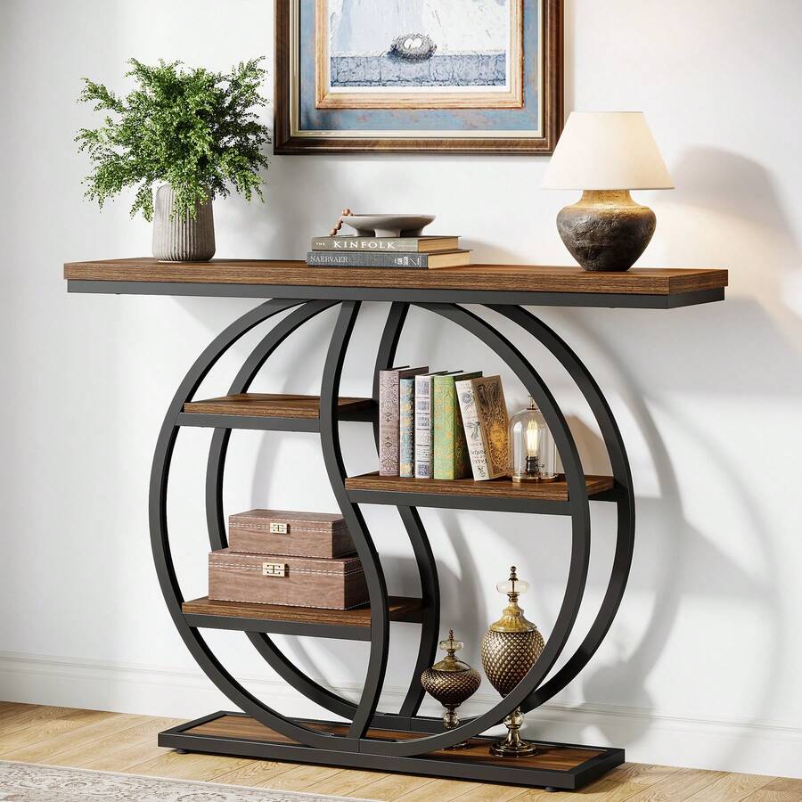 LITTLE TREE 47.24-Inch Industrial Console Table, 5-Tier Narrow Sofa Table With Multiple Storage Shelves, Rustic Brown Wood & Metal Frame, Entryway Table For Hallway, Foyer, Small Spaces - Brown - View 1