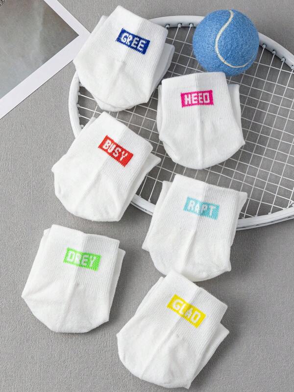 6 Pairs White Stripe & Letter Moisture Wicking Comfortable Short Socks, Versatile College Style