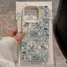 1个TPU材质蓝色优雅线条花卉图案手机壳，适用于手机 - 白色 - 查看 3
