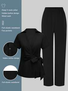 cimmuovere Women's V-Neck Short Sleeve Tie-Front Ruffle & Loose Elastic Waist Pants Scrubs Nurse Scrubs Workwear Dentist Healthcare Pet Hospital Laboratory Uniform Set - Black - View 2