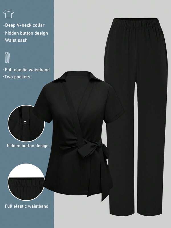 cimmuovere Women's V-Neck Short Sleeve Tie-Front Ruffle & Loose Elastic Waist Pants Scrubs Nurse Scrubs Workwear Dentist Healthcare Pet Hospital Laboratory Uniform Set
