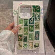 1pc TPU Material Green Vintage Stamp Full Screen Pattern Phone Case Compatible With Apple/ Phones - White - View 2
