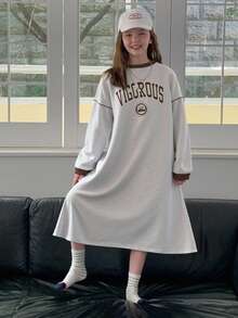 DAZY Vestido recto con cuello redondo y forro térmico para niña preadolescente en temporada de otoño - Gris - Ver 3